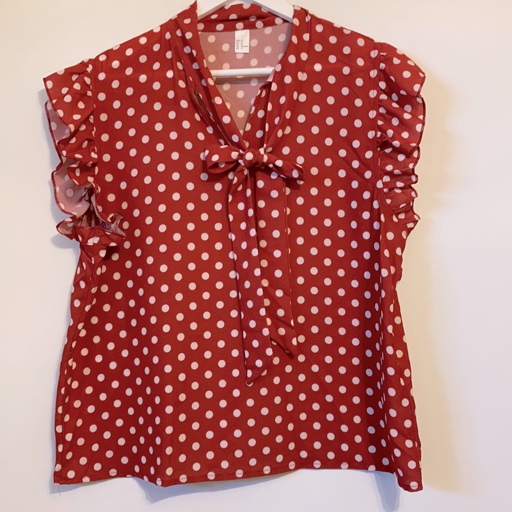 3/$25 Red & White Polka Dot Ruffled Sleeve Bowtie Semi-Sheer Top